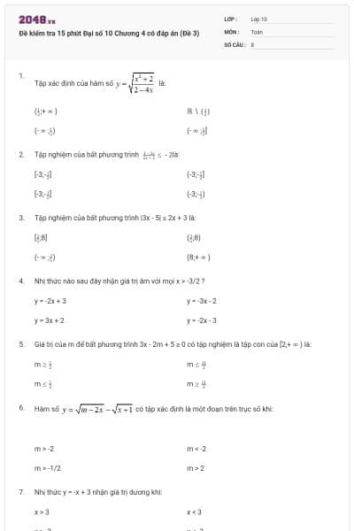Đề kiểm tra 15 phút Đại số 10 Chương 4 có đáp án (Đề 3)