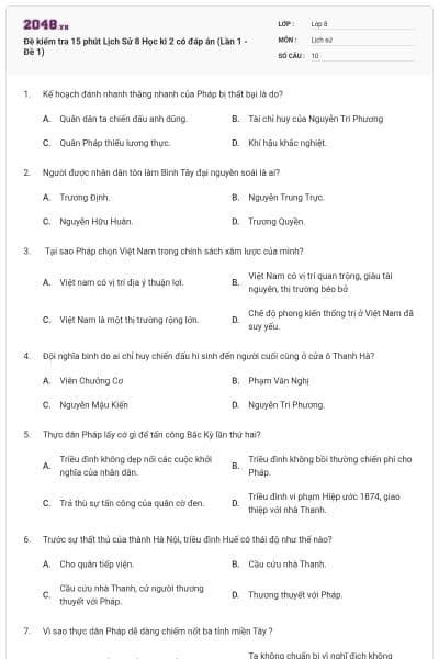 Đề kiểm tra 15 phút Lịch Sử 8 Học kì 2 có đáp án (Lần 1 - Đề 1)