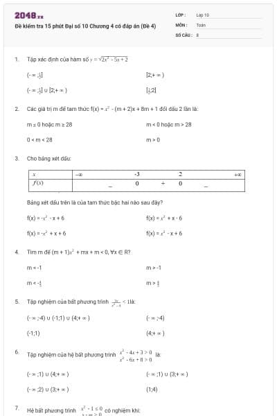 Đề kiểm tra 15 phút Đại số 10 Chương 4 có đáp án (Đề 4)