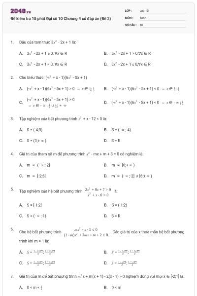 Đề kiểm tra 15 phút Đại số 10 Chương 4 có đáp án (Đề 2)