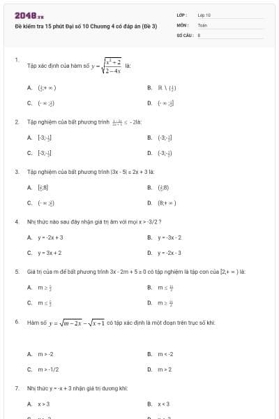 Đề kiểm tra 15 phút Đại số 10 Chương 4 có đáp án (Đề 3)