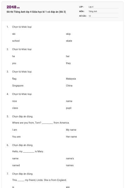 Đề thi Tiếng Anh lớp 4 Giữa học kì 1 có đáp án (Đề 3)