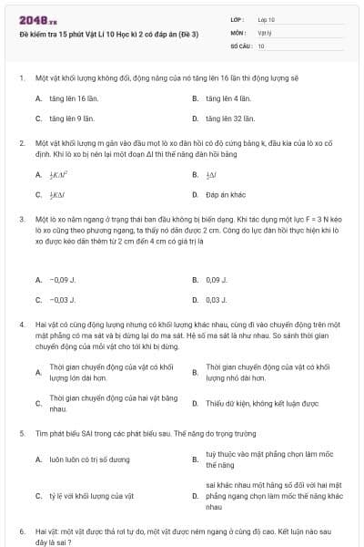 Đề kiểm tra 15 phút Vật Lí 10 Học kì 2 có đáp án (Đề 3)