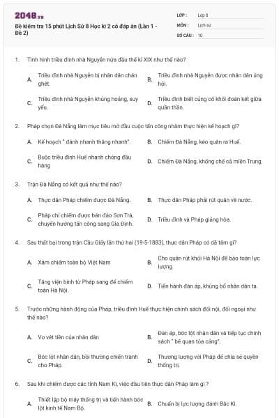 Đề kiểm tra 15 phút Lịch Sử 8 Học kì 2 có đáp án (Lần 1 - Đề 2)