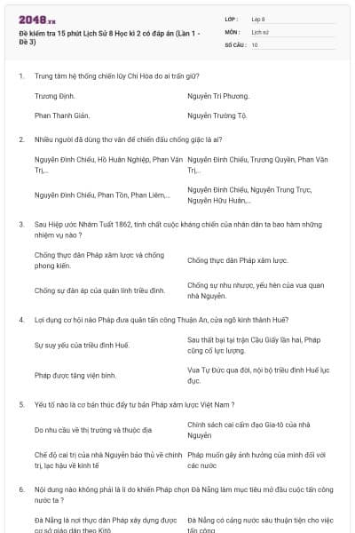 Đề kiểm tra 15 phút Lịch Sử 8 Học kì 2 có đáp án (Lần 1 - Đề 3)
