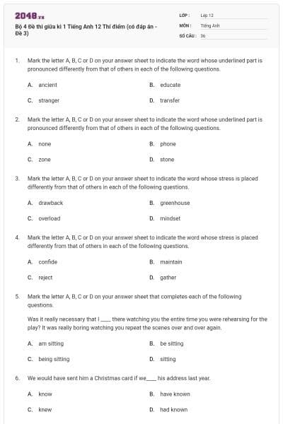 Bộ 4 Đề thi giữa kì 1 Tiếng Anh 12 Thí điểm (có đáp án - Đề 3)