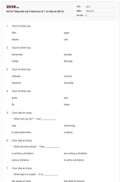 Đề thi Tiếng Anh lớp 4 Giữa học kì 1 có đáp án (Đề 4)