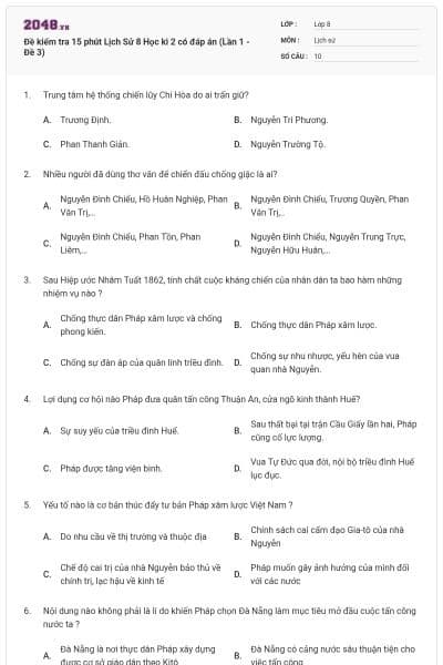 Đề kiểm tra 15 phút Lịch Sử 8 Học kì 2 có đáp án (Lần 1 - Đề 3)