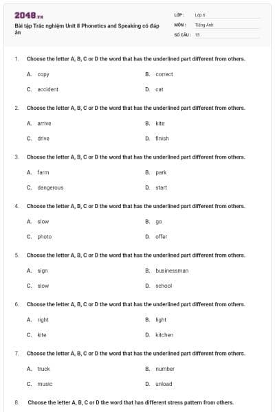 Bài tập Trắc nghiệm Unit 8 Phonetics and Speaking có đáp án