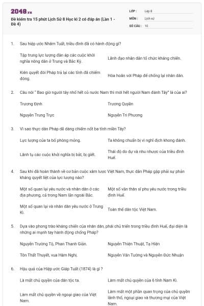 Đề kiểm tra 15 phút Lịch Sử 8 Học kì 2 có đáp án (Lần 1 - Đề 4)