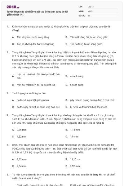 Tuyển chọn các câu hỏi và bài tập Sóng ánh sáng có lời giải chi tiết (P1)