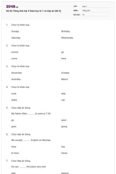 Đề thi Tiếng Anh lớp 4 Giữa học kì 1 có đáp án (Đề 5)