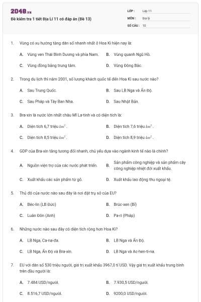 Đề kiểm tra 1 tiết Địa Lí 11 có đáp án (Đề 13)
