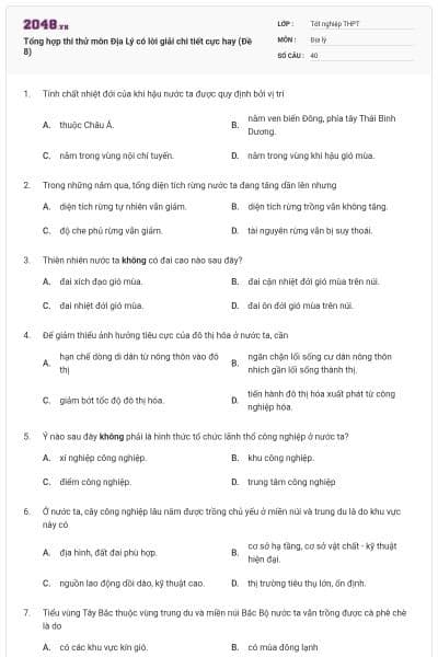 Tổng hợp thi thử môn Địa Lý có lời giải chi tiết cực hay (Đề 8)