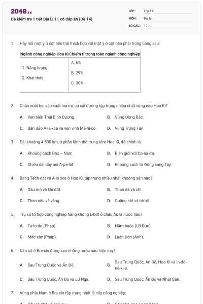 Đề kiểm tra 1 tiết Địa Lí 11 có đáp án (Đề 14)