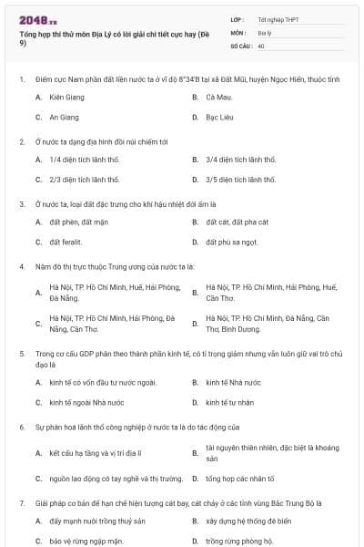 Tổng hợp thi thử môn Địa Lý có lời giải chi tiết cực hay (Đề 9)
