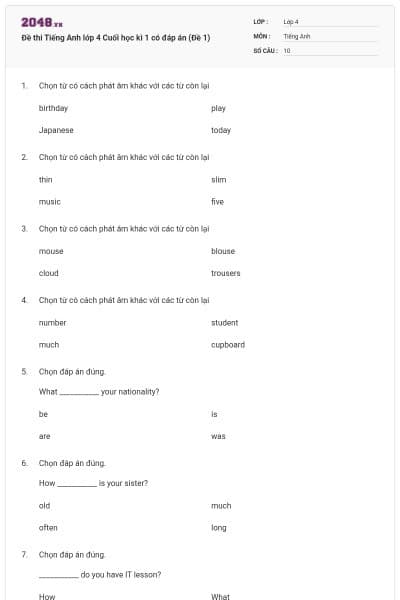 Đề thi Tiếng Anh lớp 4 Cuối học kì 1 có đáp án (Đề 1)