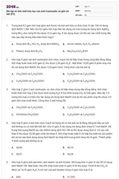 Bài tập về tính chất hóa học của Axit Cacboxylic có giải chi tiết (P2)