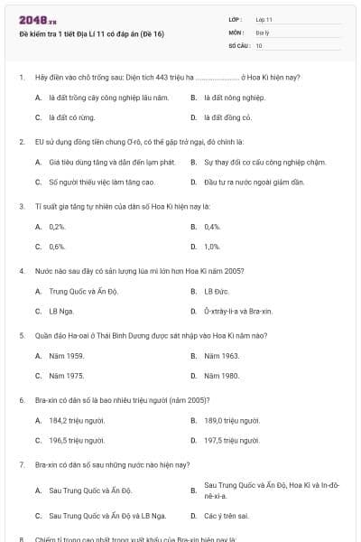 Đề kiểm tra 1 tiết Địa Lí 11 có đáp án (Đề 16)