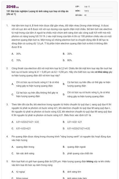 191 Bài trắc nghiệm Lượng tử ánh sáng cực hay có đáp án (đề số 1)