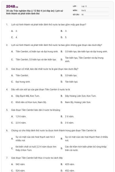 30 câu Trắc nghiệm Địa Lí 12 Bài 4 (có đáp án): Lịch sử hình thành và phát triển lãnh thổ