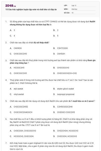 15 Câu trắc nghiệm luyện tập este và chất béo có đáp án