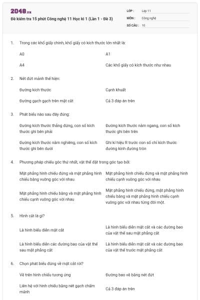 Đề kiểm tra 15 phút Công nghệ 11 Học kì 1 (Lần 1 - Đề 3)
