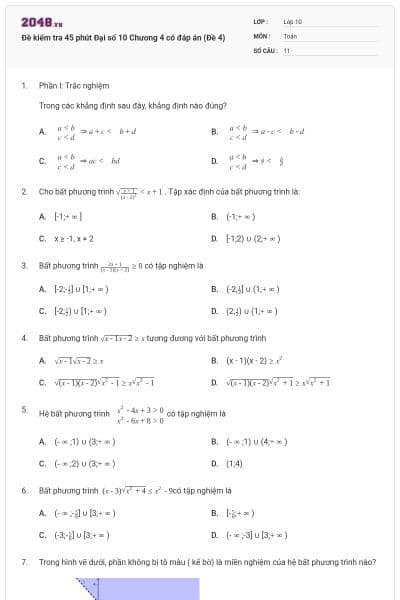 Đề kiểm tra 45 phút Đại số 10 Chương 4 có đáp án (Đề 4)