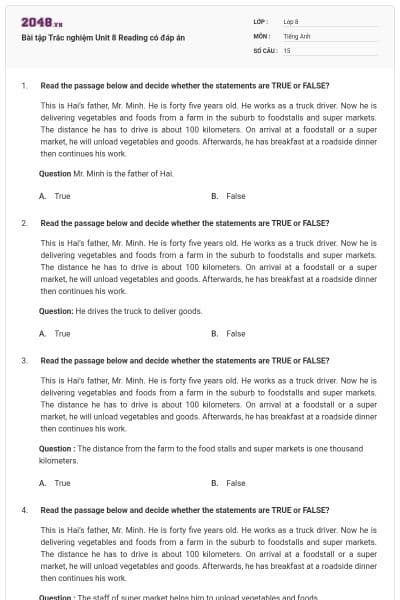 Bài tập Trắc nghiệm Unit 8 Reading có đáp án