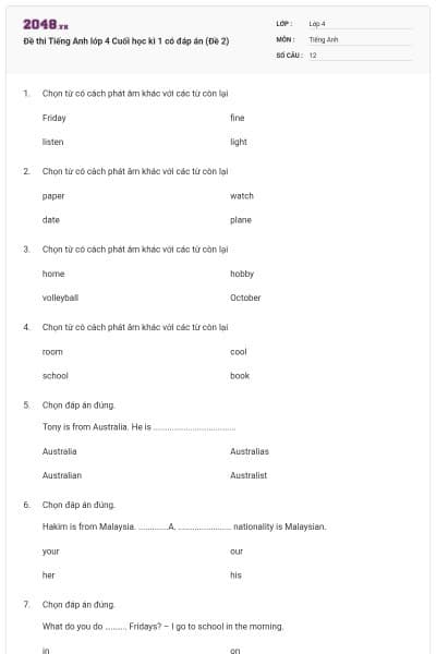 Đề thi Tiếng Anh lớp 4 Cuối học kì 1 có đáp án (Đề 2)