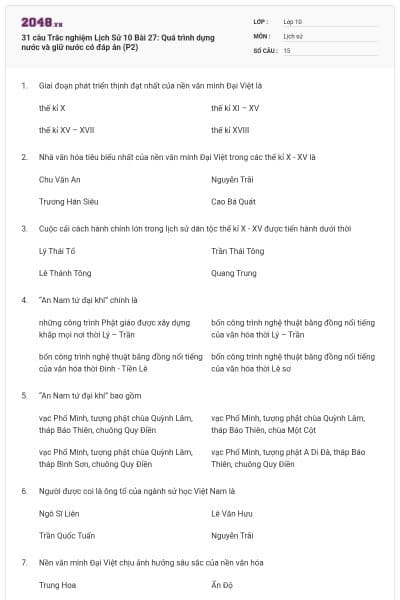 31 câu  Trắc nghiệm Lịch Sử 10 Bài 27: Quá trình dựng nước và giữ nước có đáp án (P2)