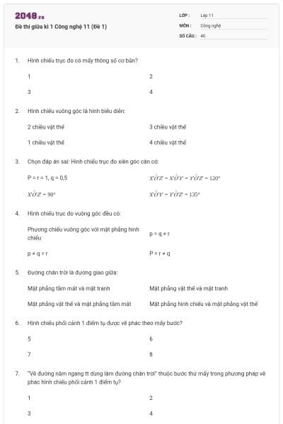 Đề thi giữa kì 1 Công nghệ 11 (Đề 1)