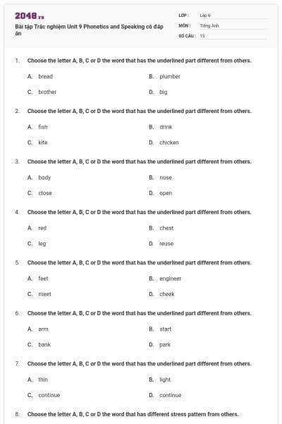 Bài tập Trắc nghiệm Unit 9 Phonetics and Speaking có đáp án