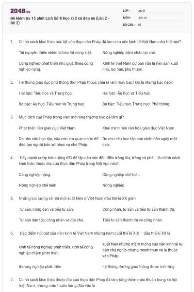 Đề kiểm tra 15 phút Lịch Sử 8 Học kì 2 có đáp án (Lần 2 - Đề 2)