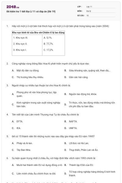 Đề kiểm tra 1 tiết Địa Lí 11 có đáp án (Đề 19)