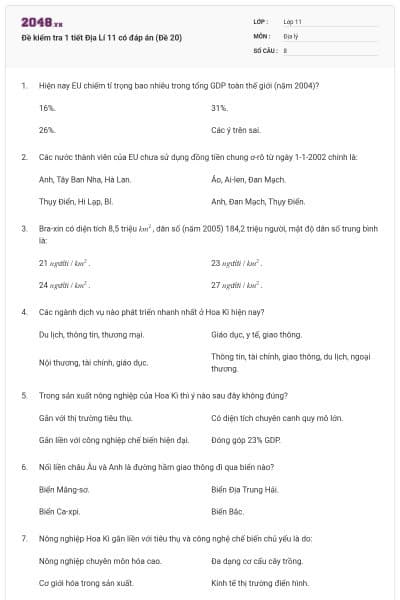 Đề kiểm tra 1 tiết Địa Lí 11 có đáp án (Đề 20)
