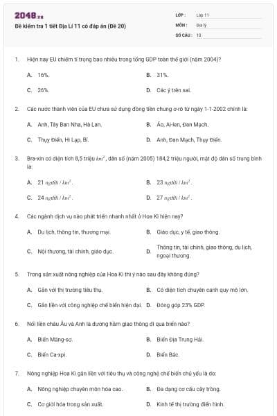 Đề kiểm tra 1 tiết Địa Lí 11 có đáp án (Đề 20)