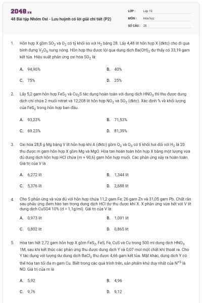 48 Bài tập Nhóm Oxi - Lưu huỳnh có lời giải chi tiết (P2)
