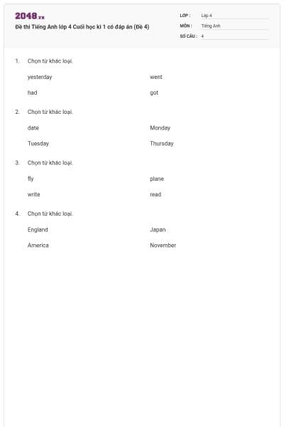 Đề thi Tiếng Anh lớp 4 Cuối học kì 1 có đáp án (Đề 4)