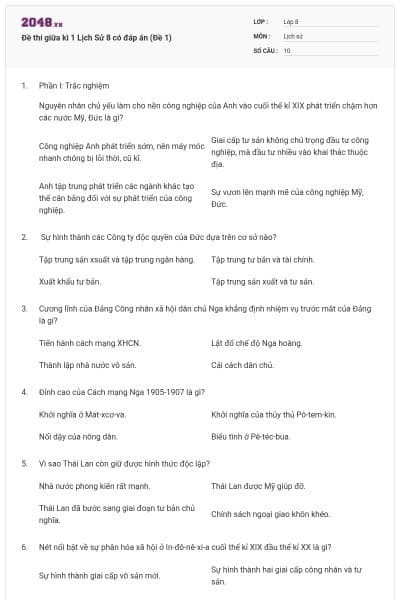 Đề thi giữa kì 1 Lịch Sử 8 có đáp án (Đề 1)