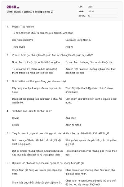 Đề thi giữa kì 1 Lịch Sử 8 có đáp án (Đề 2)