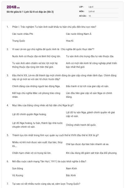 Đề thi giữa kì 1 Lịch Sử 8 có đáp án (Đề 3)
