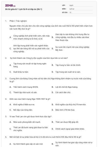 Đề thi giữa kì 1 Lịch Sử 8 có đáp án (Đề 1)