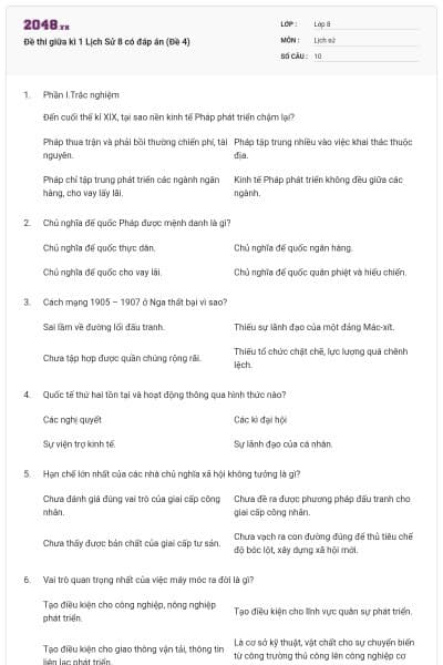 Đề thi giữa kì 1 Lịch Sử 8 có đáp án (Đề 4)