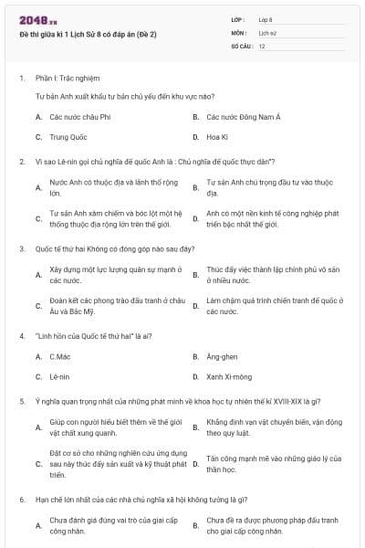 Đề thi giữa kì 1 Lịch Sử 8 có đáp án (Đề 2)