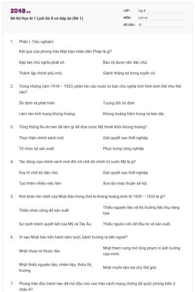 Đề thi Học kì 1 Lịch Sử 8 có đáp án (Đề 1)