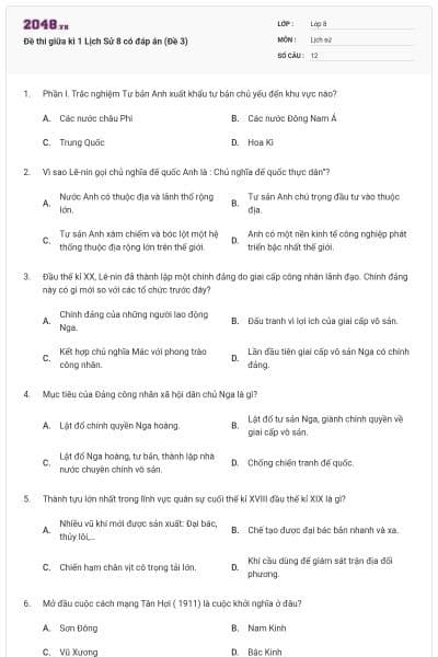 Đề thi giữa kì 1 Lịch Sử 8 có đáp án (Đề 3)
