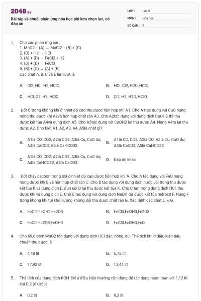 Bài tập về chuỗi phản ứng hóa học phi kim chọn lọc, có đáp án