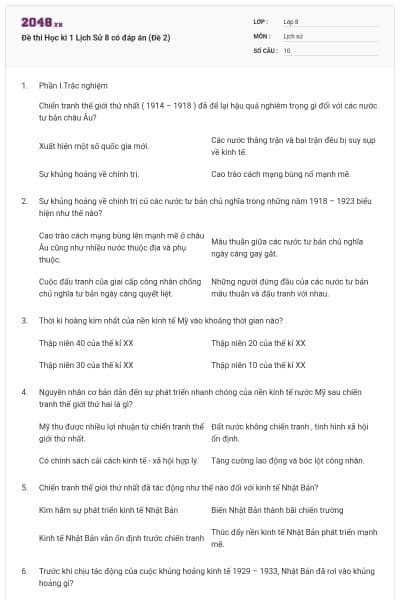 Đề thi Học kì 1 Lịch Sử 8 có đáp án (Đề 2)