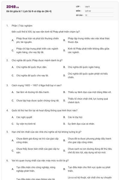 Đề thi giữa kì 1 Lịch Sử 8 có đáp án (Đề 4)